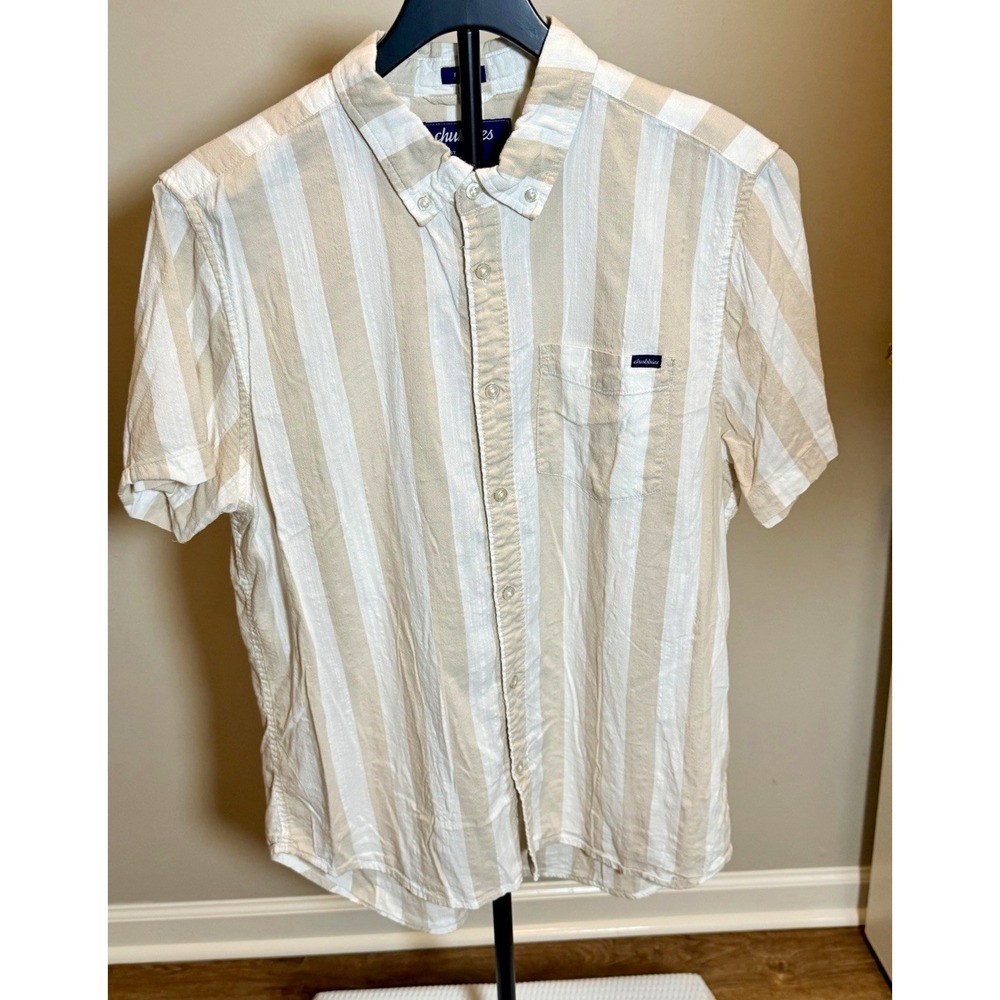 Chubbies Friday Button-Down Short Sleeve Striped Shirt Beige/White Size M